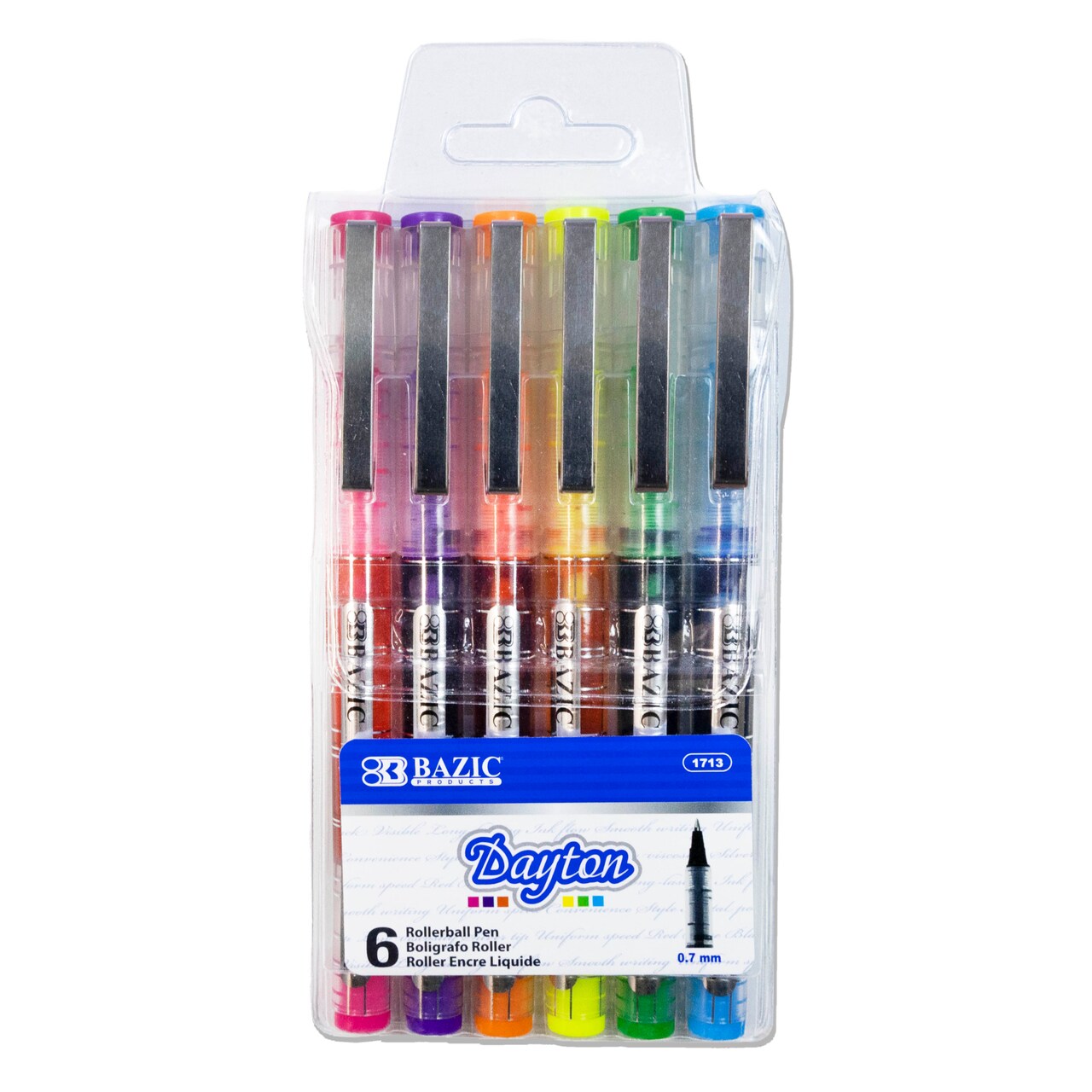 BAZIC Dayton 6-Color Rollerball Pens, 0.7 mm Fine, Metal Clip